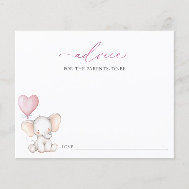 Baby Girl Elephant Advice Card for Parents (Front)