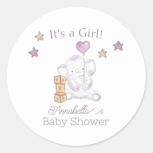 Baby Girl Elephant and Cute Balloon Watercolor Classic Round Sticker