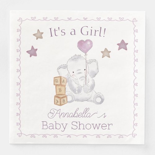Baby Girl Elephant and Cute Balloon Watercolor Paper Dinner Napkins