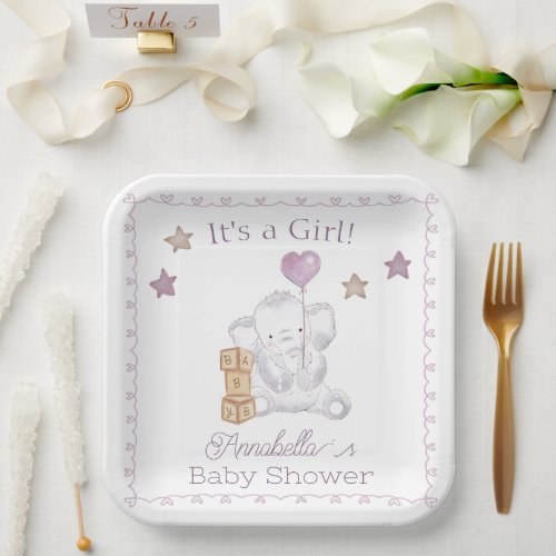 Baby Girl Elephant and Cute Balloon Watercolor Paper Plates