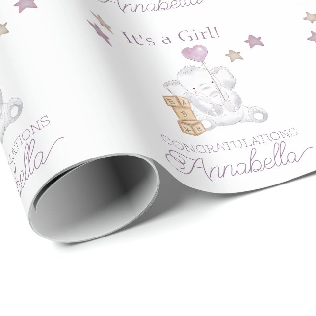Baby Girl Elephant and Cute Balloon Watercolor Wrapping Paper (Roll Corner)