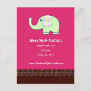 Baby Girl Elephant Announcement Postcard