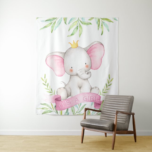 Baby Girl Elephant Baby Shower Backdrop Banner (In Situ)