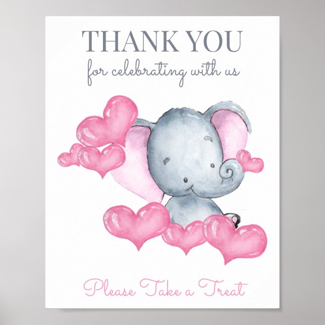 Baby Girl Elephant Baby Shower Favor Table Sign (Front)