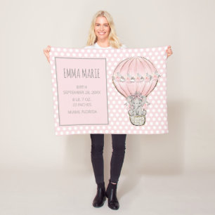 Baby Girl Elephant Balloon Birth Announcement Fleece Blanket