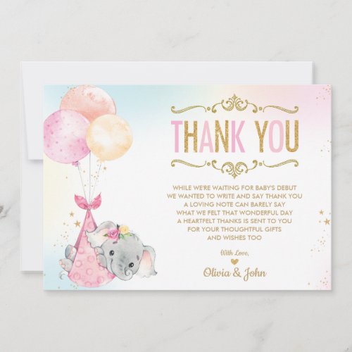 Baby Girl Elephant Balloons Baby Shower Sprinkle Thank You Card