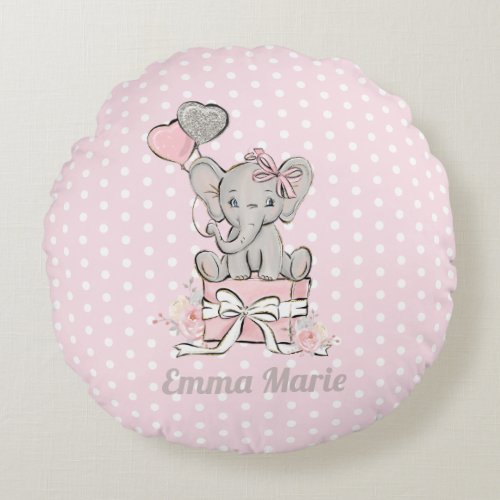 Baby Girl Elephant Balloons Pink Silver Glitter Round Pillow
