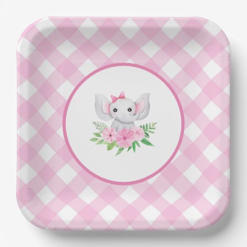 Baby Girl Elephant Birthday Plates, Baby Shower