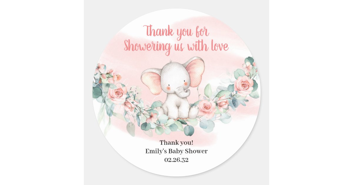 Baby Girl elephant blush floral eucalyptus wreath Classic Round Sticker ...