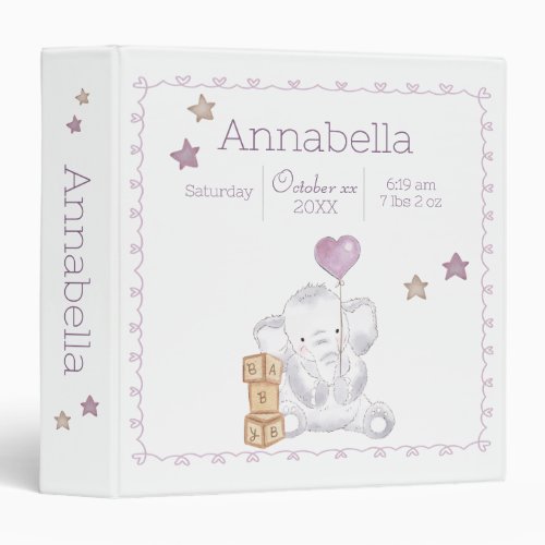 Baby Girl Elephant Custom Name and Birth Details 3 Ring Binder