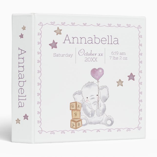 Baby Girl Elephant Custom Name and Birth Details 3 Ring Binder (Front/Spine)