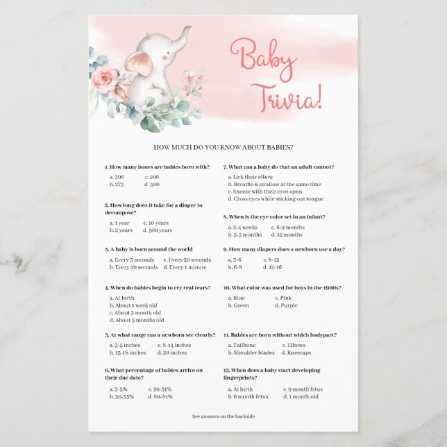 Baby Girl Elephant Eucalyptus Baby Trivia game (Front)