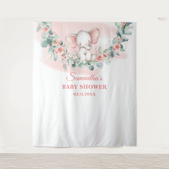 Baby girl elephant eucalyptus wreath backdrop (Front)