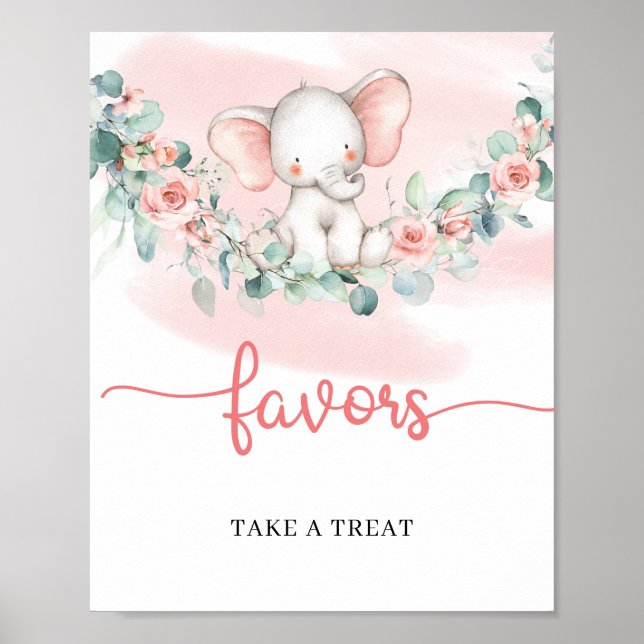 Baby Girl Elephant eucalyptus wreath favors sign (Front)