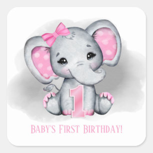 baby girl elephant first Birthday add text Square Sticker