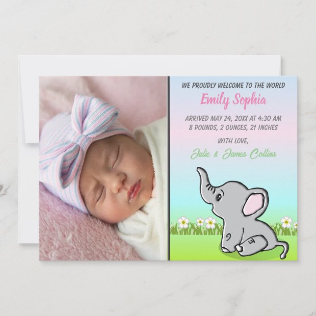 Baby Girl Elephant Flat Announcement Card (Front)