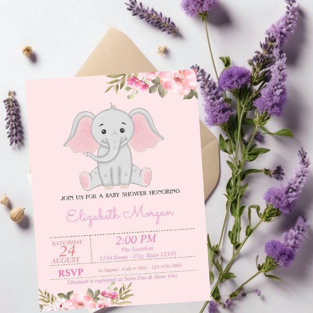Baby Girl Elephant, Floral Baby Shower Invitation (Creator Uploaded)