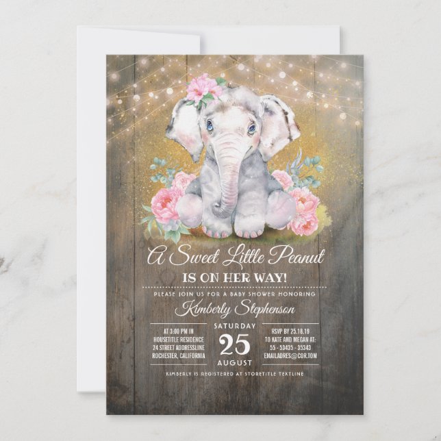Baby Girl Elephant Floral Baby Shower Invitation (Front)