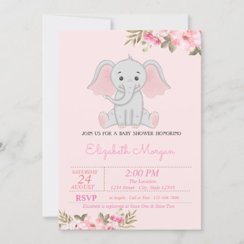 Baby Girl Elephant Floral Baby Shower Invitation