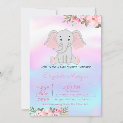 Baby Girl Elephant Floral Holographic Baby Shower Invitation