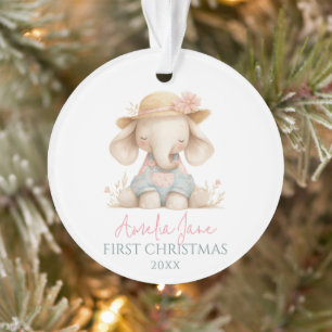 Baby Girl Elephant Illustration First Christmas Ornament
