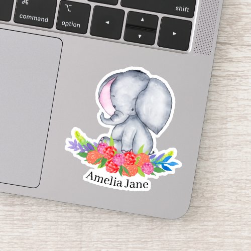 Baby Girl Elephant in Colorful Flower Patch Vinyl Sticker
