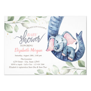 Baby Girl Elephant Leaves Baby Shower Invitation