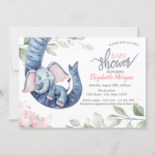 Baby Girl Elephant Leaves Floral Baby Shower Invitation