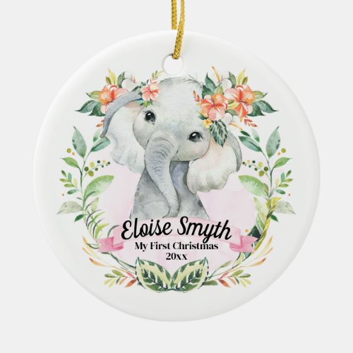 Baby Girl Elephant My First Christmas Personalized Ceramic Ornament