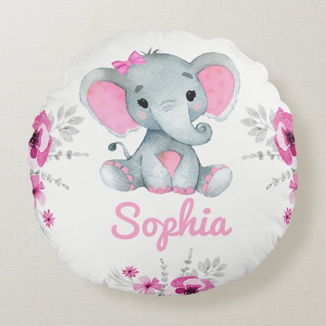 Baby Girl Elephant Name Custom Gift Pink flowers   Round Pillow (Front)