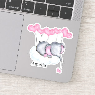 Baby Girl Elephant on Cloud with Pink Hearts Vinyl Sticker