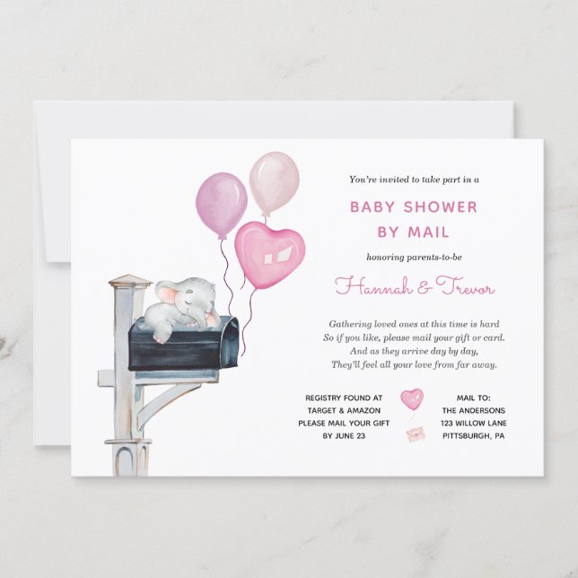 Baby Girl Elephant on Mailbox Shower by Mail Invitation (Front)