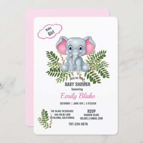 Baby Girl Elephant  Palms _ Baby Girl Shower Invi Invitation