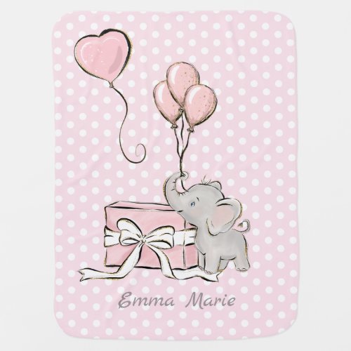 Baby Girl Elephant Pink Balloons Polka Dots Name Baby Blanket