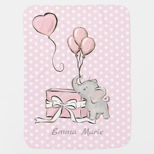 Baby Girl Elephant Pink Balloons Polka Dots Name Baby Blanket (Front)