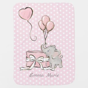Baby Girl Elephant Pink Balloons Polka Dots Name Blanket