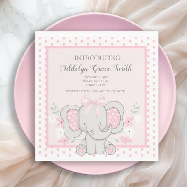 Baby Girl Elephant Pink Polka Dot Sip See Shower Napkins (Cute pink elelphant baby girl baby shower paper napkins)