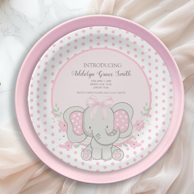 Baby Girl Elephant Pink Polka Dot Sip See Shower Paper Plates (Pink and white polka dots baby elephant little girl baby shower paper plates)