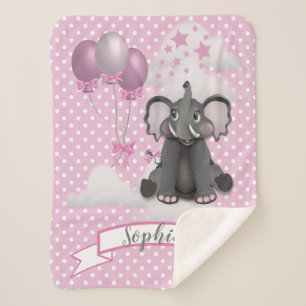 Baby Girl Elephant Pink Polka Dots   Balloons Name Sherpa Blanket