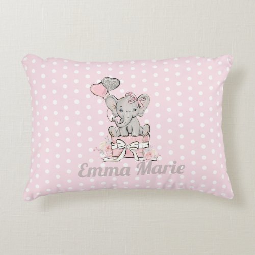 Baby Girl Elephant Pink Silver Balloons Accent Pillow