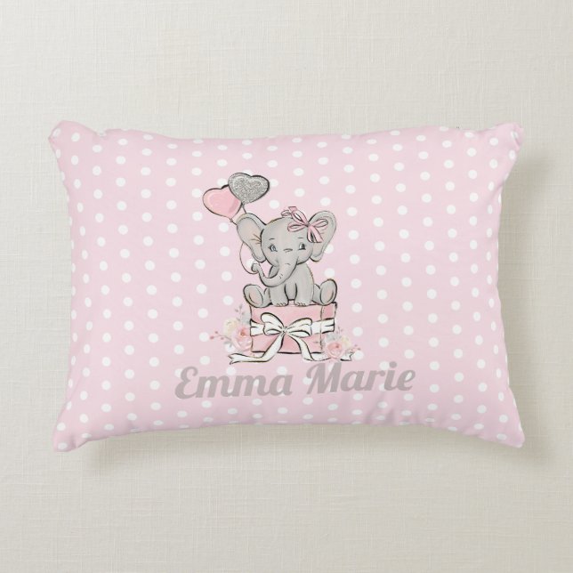 Baby Girl Elephant Pink Silver Balloons Accent Pillow (Front)