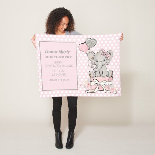 Baby Girl Elephant Pink Silver Birth Announcement Fleece Blanket