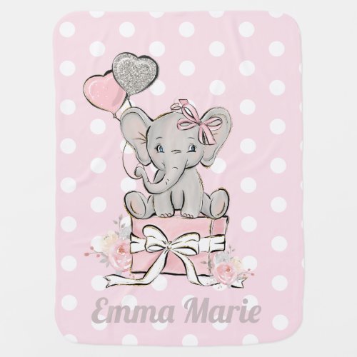 Baby Girl Elephant Pink Silver Glitter Balloons Baby Blanket