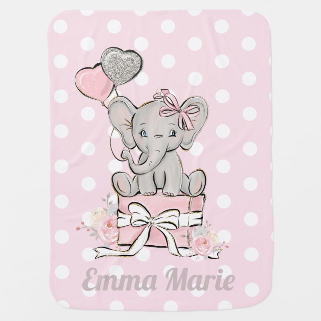Baby Girl Elephant Pink Silver Glitter Balloons Baby Blanket (Front)