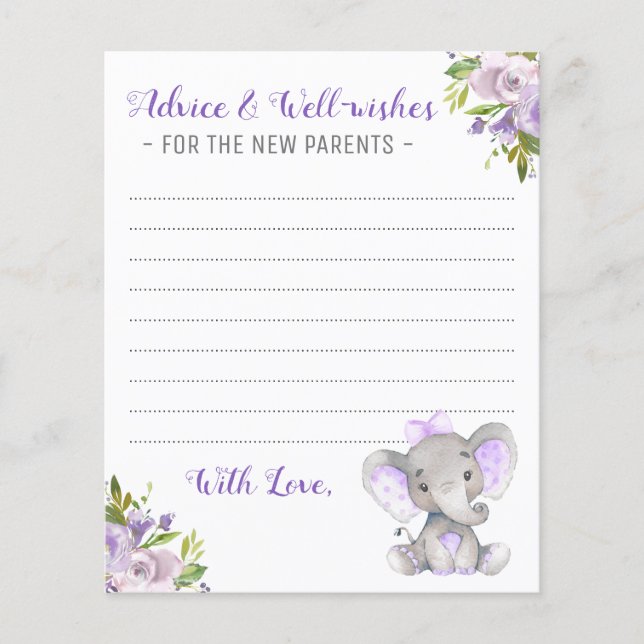 Baby Girl Elephant Shower New Parents Advice Cards (Front)