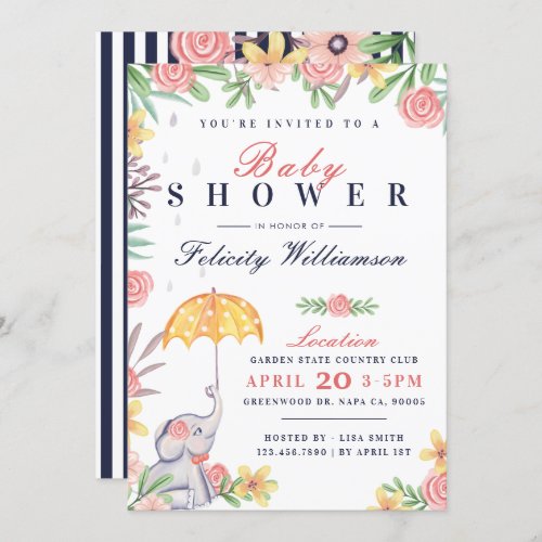 Baby Girl Elephant Umbrella Baby Shower Invitation