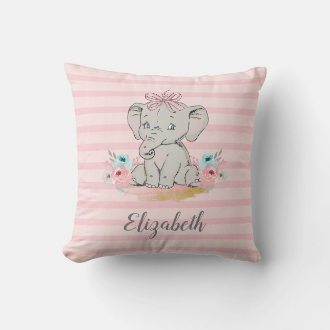 Baby Girl Elephant Watercolor Nursery Throw Pillow (Front)
