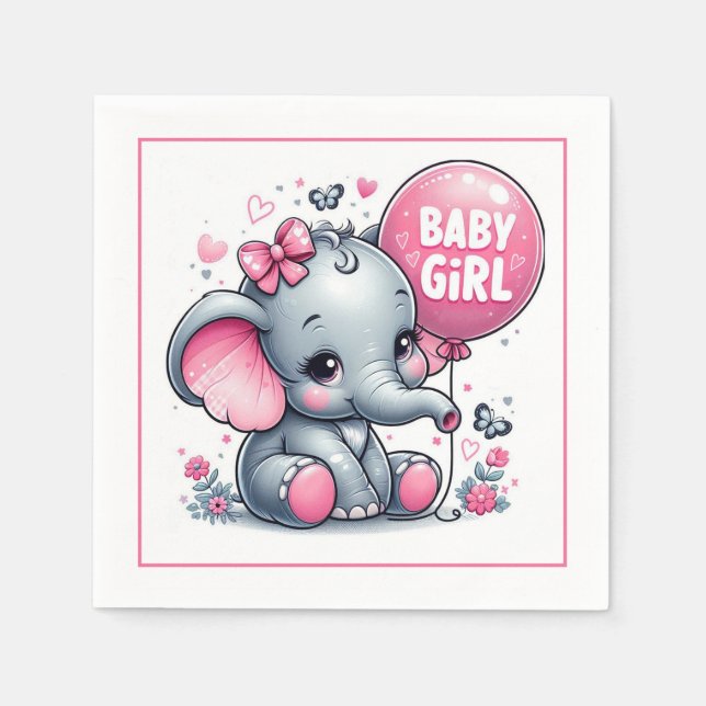 Baby Girl Elephant with balloon, flowers Napkins (Front)