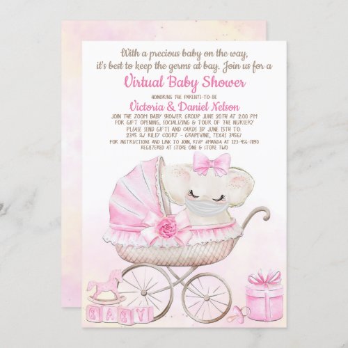 Baby Girl Elephant with Mask Zoom Baby Shower Invitation