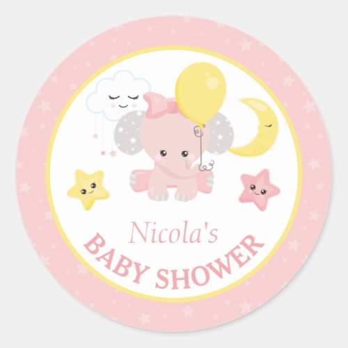 Baby Girl Elephant with stars Baby Shower Classic Round Sticker